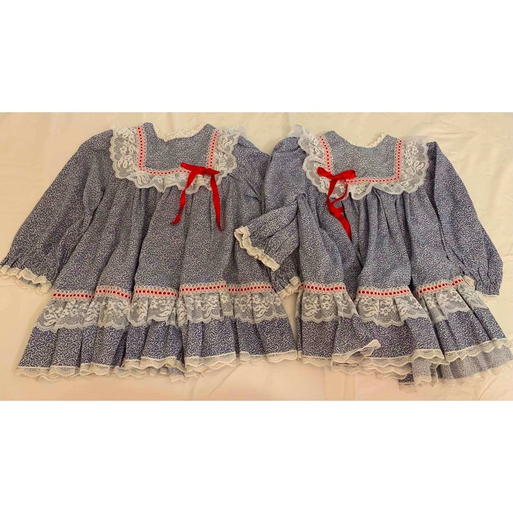 Vintage Bryan Girls Blue Floral Calico Lace Prairie Dress Set 2 Matching twins